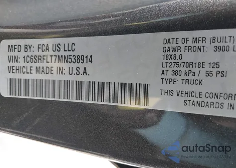 2021 Ram 1500 Rebel 4X4 5'7 Box from USA, damaged, VIN 1C6SRFLT7MN538914